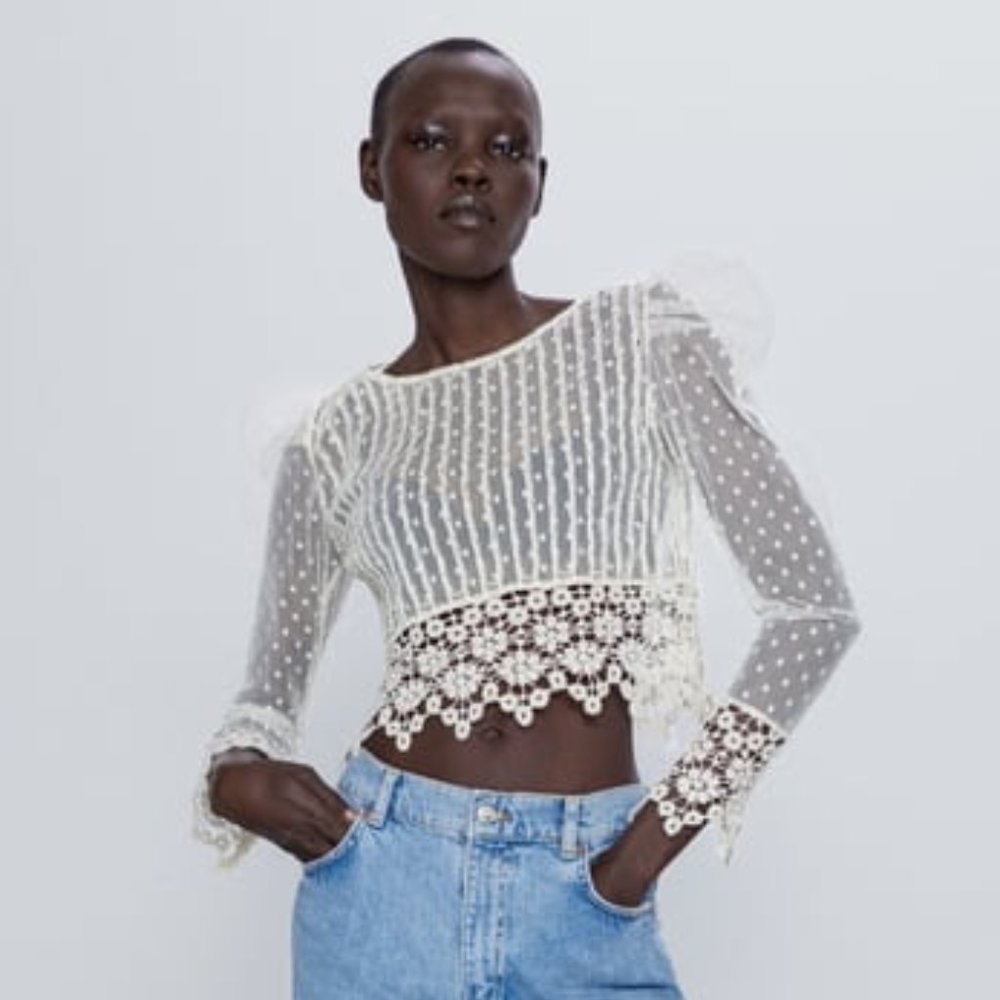 NWT Zara Dotted Mesh Crop Top Ecru